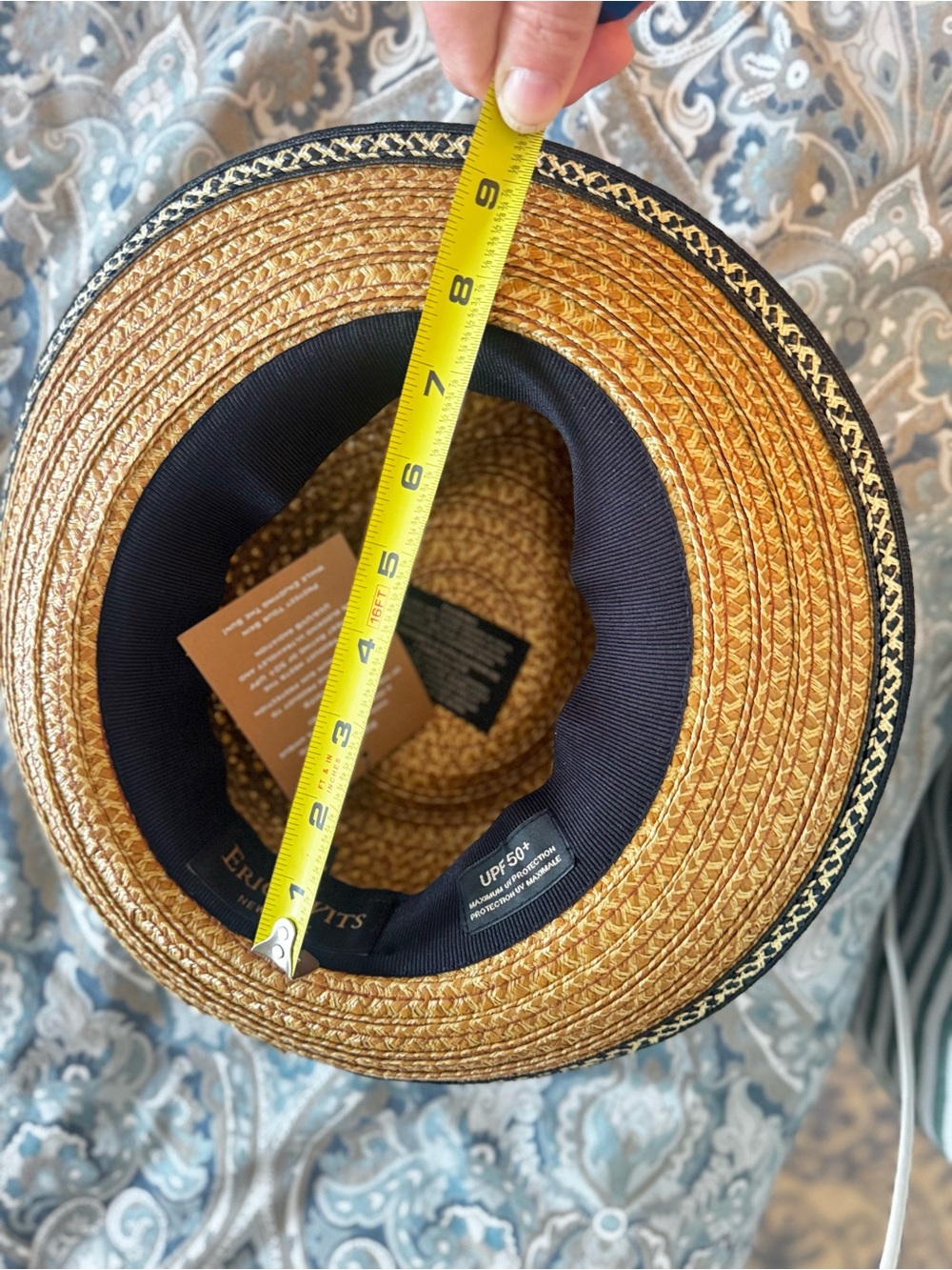 ERIC JAVITS Authentic Squishee Straw Hat UPF 50 Fedora Black Trim Patterned Band - Picture 14 of 14